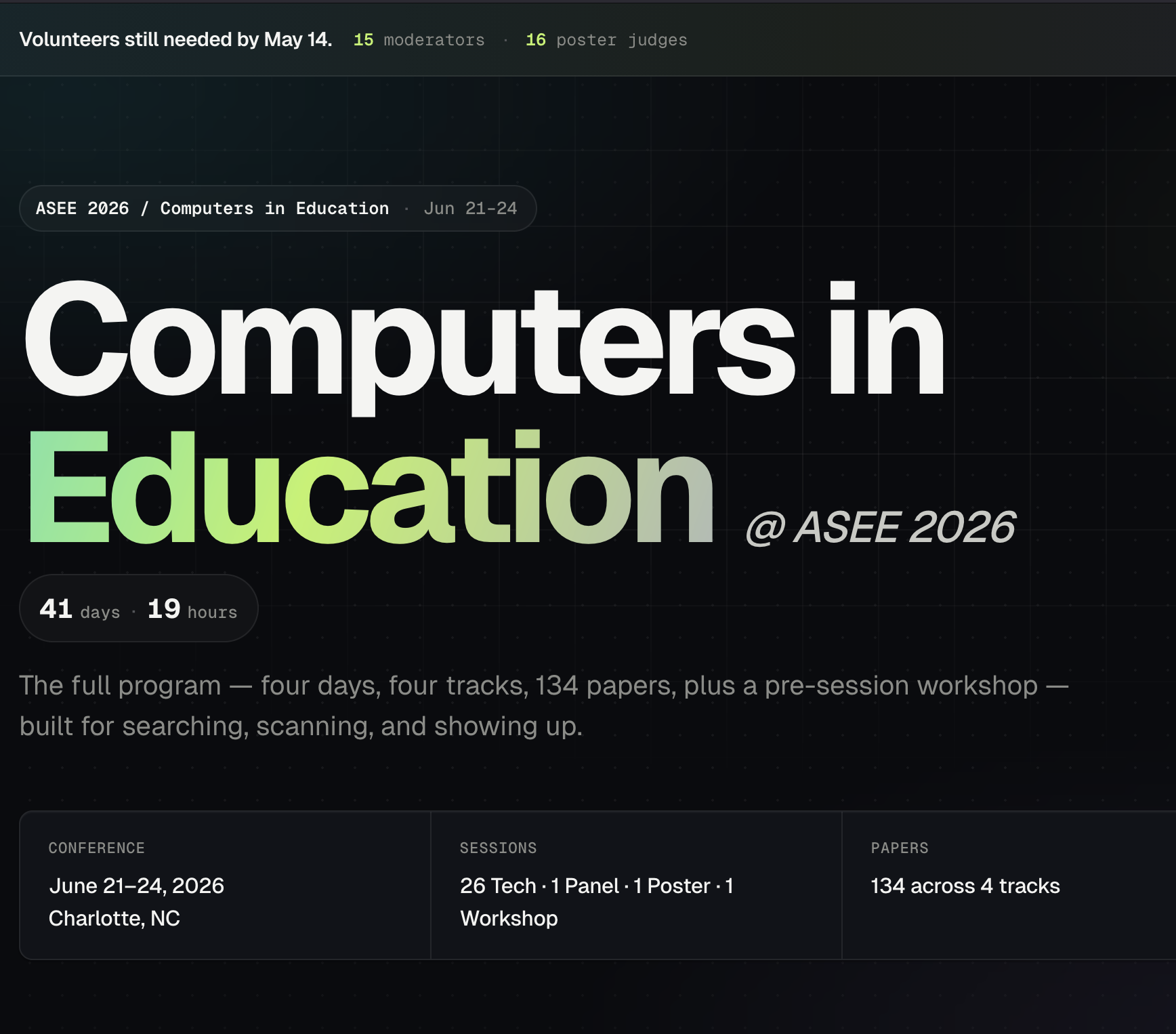 aseecoed.com — division landing page with countdown and program-at-a-glance for the current cycle