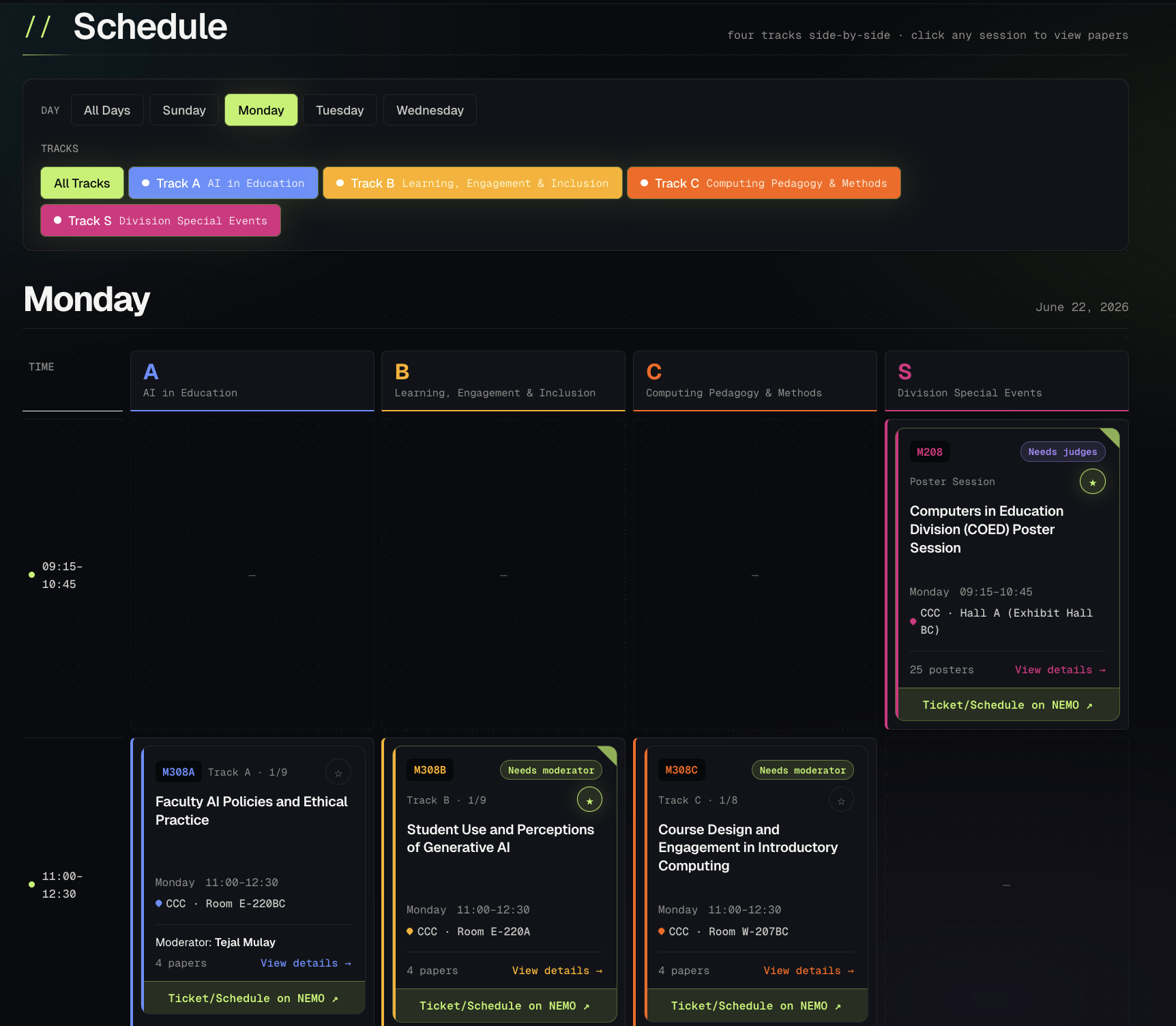 aseecoed.com — four tracks rendered side by side with day filters and color-coded track tags