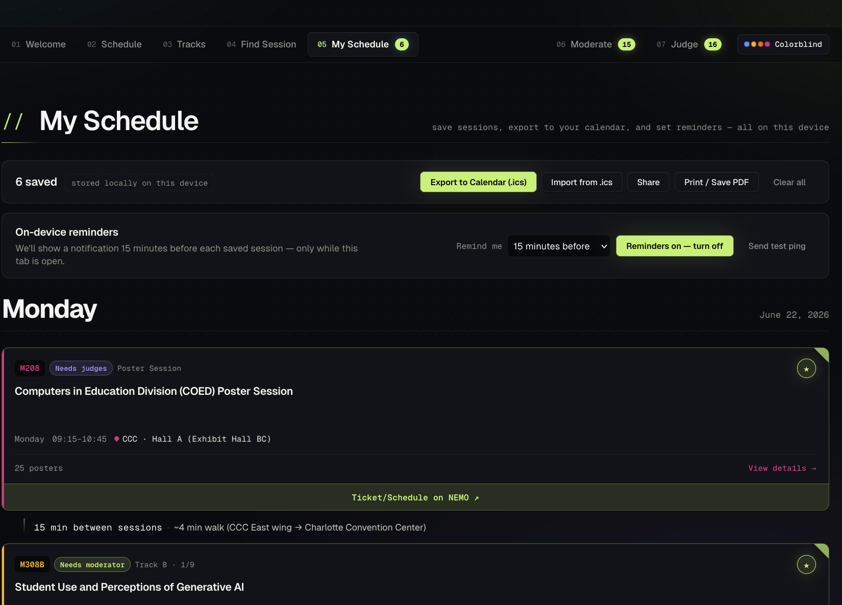 aseecoed.com — attendee "My Schedule" view with .ics calendar export, on-device reminders, and saved sessions